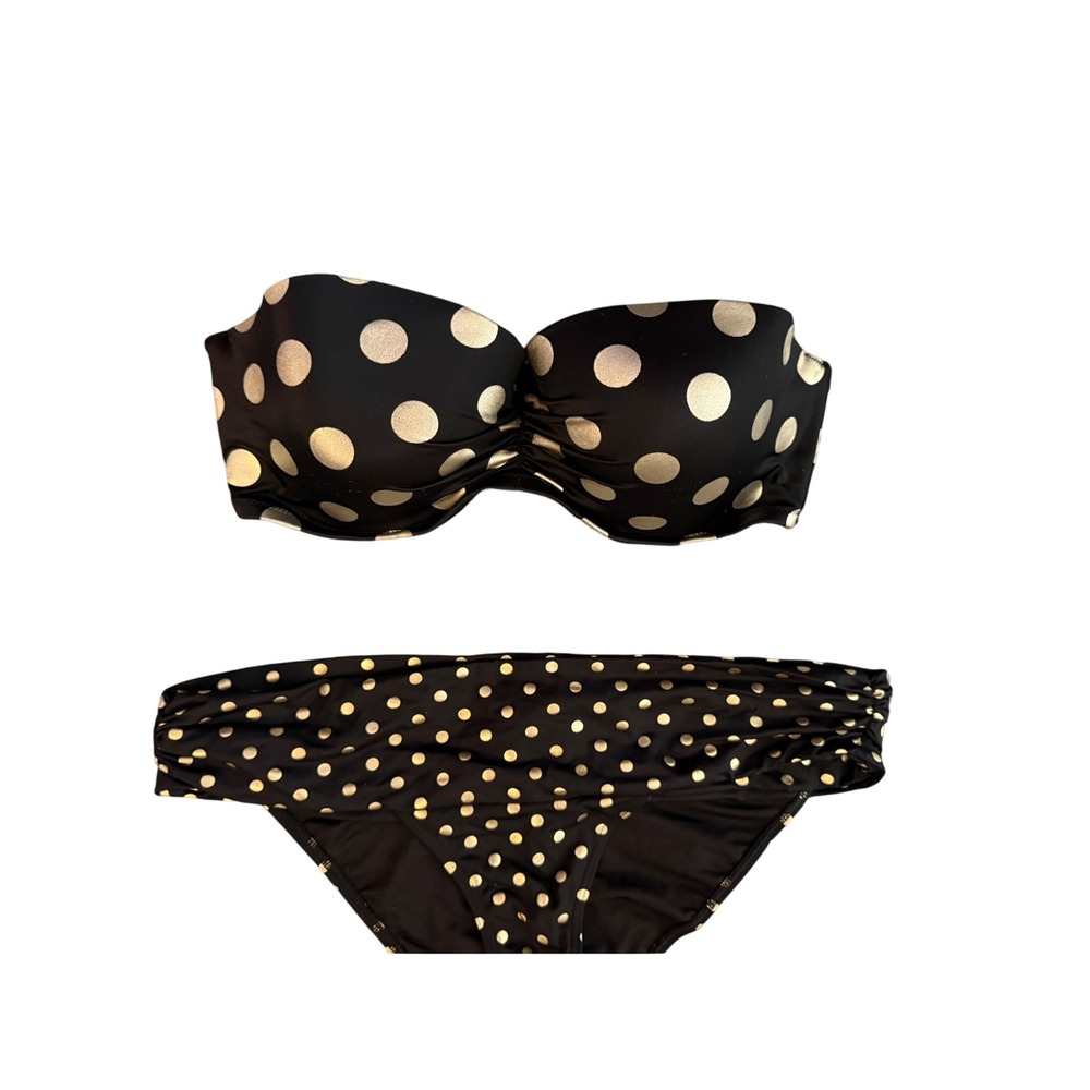 Victorias Secret Black Gold‎ Polka Dot Bikini Set 2 Tops Bandeau Ruffle Triangle